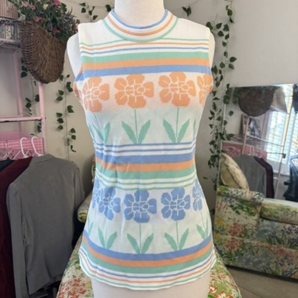 Vintage 1960s Floral Knit Mod Tunic Sleeveless Zip Back Small